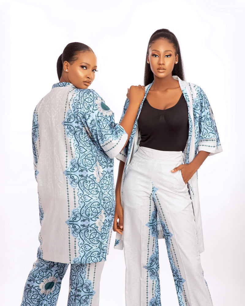 Lina white and blue Kimono jacket and high waist pant - Mowolaa African Clothing