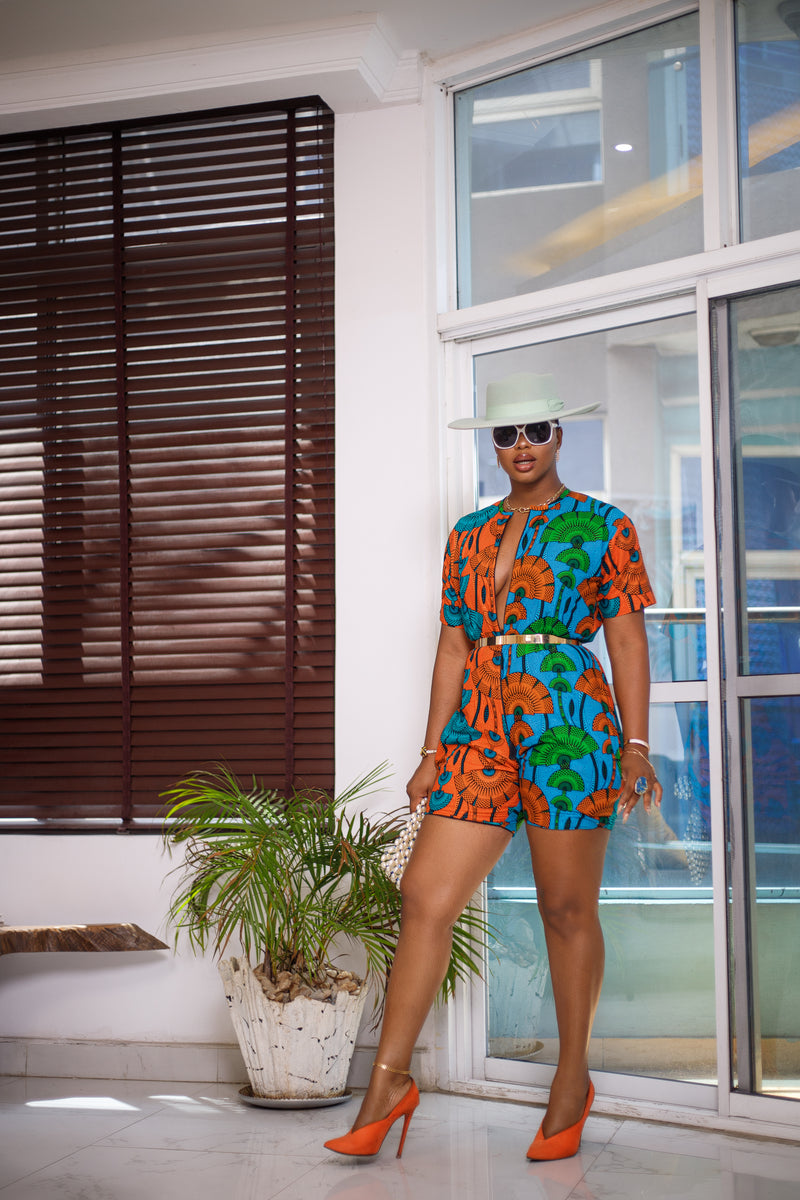 Mide African short romper in orange, blue and green prints - Mowolaa African Clothing