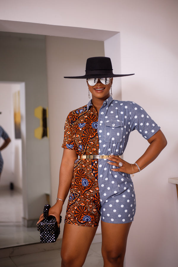 Lolade African print romper mixed with polka dot design - Mowolaa African Clothing